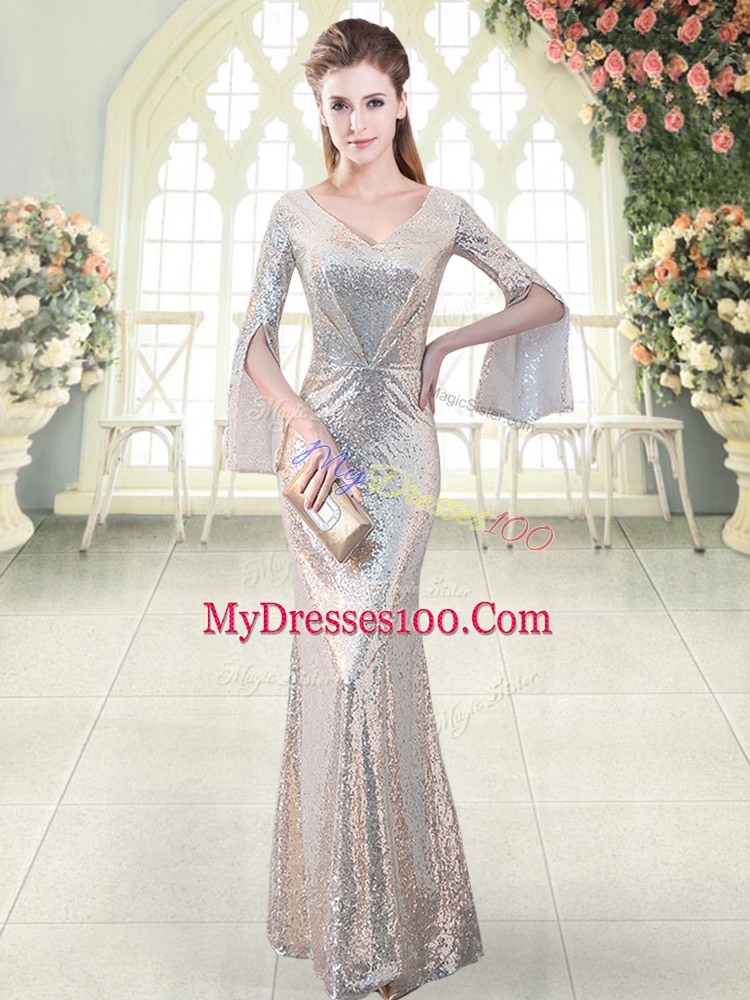 Trendy Long Sleeves Sequined Floor Length Homecoming Dress in Silver with Ruching