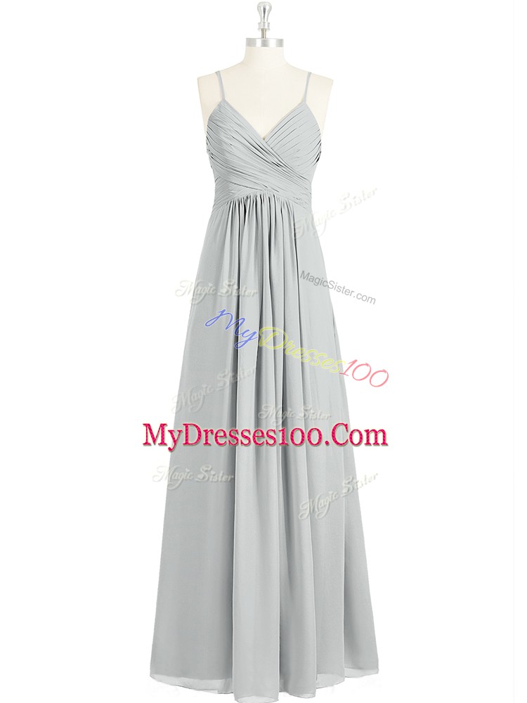 Ruching Dress for Prom Grey Backless Sleeveless Floor Length