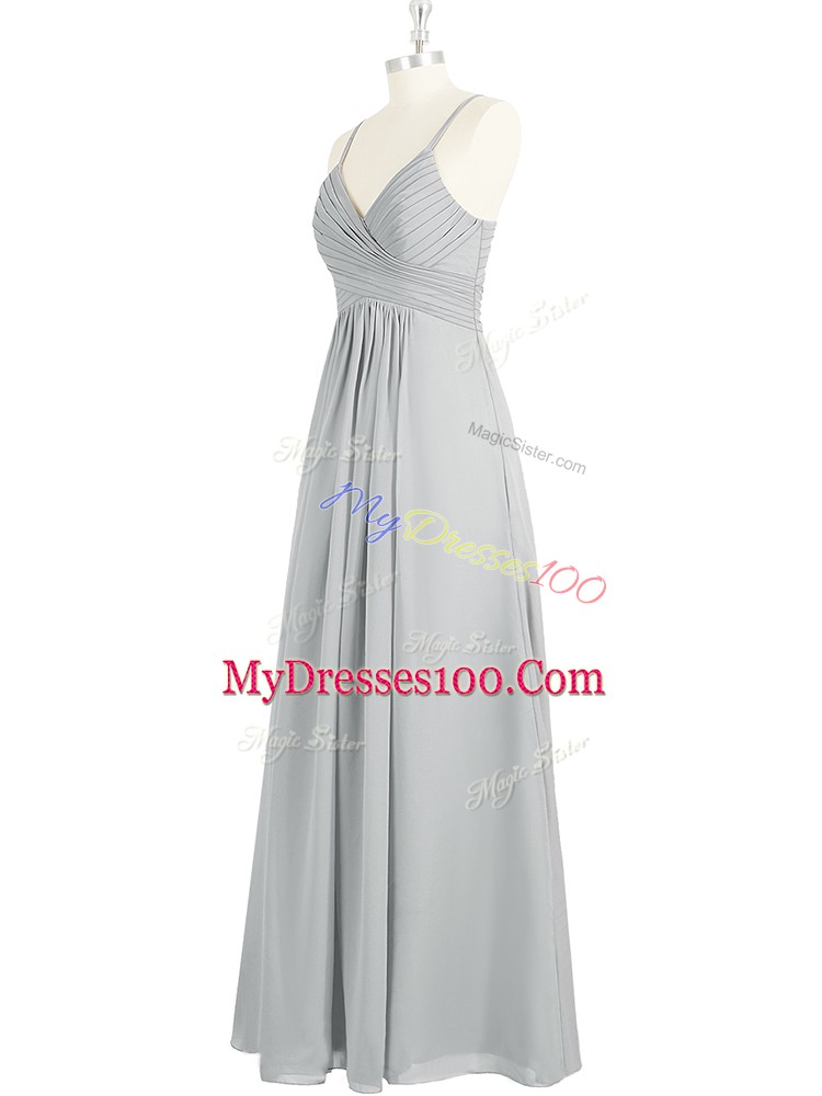Ruching Dress for Prom Grey Backless Sleeveless Floor Length