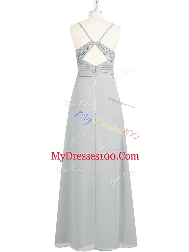Ruching Dress for Prom Grey Backless Sleeveless Floor Length