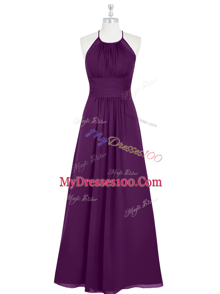 Shining Floor Length Eggplant Purple Prom Dress Chiffon Sleeveless Ruching