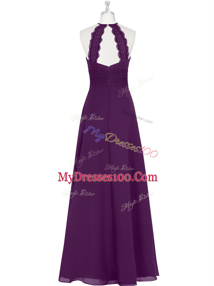 Shining Floor Length Eggplant Purple Prom Dress Chiffon Sleeveless Ruching