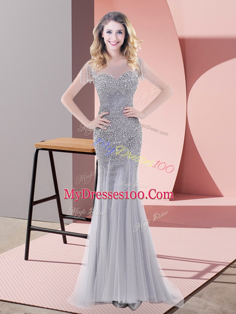 Luxury Grey Mermaid Beading Evening Dress Zipper Tulle Short Sleeves Floor Length