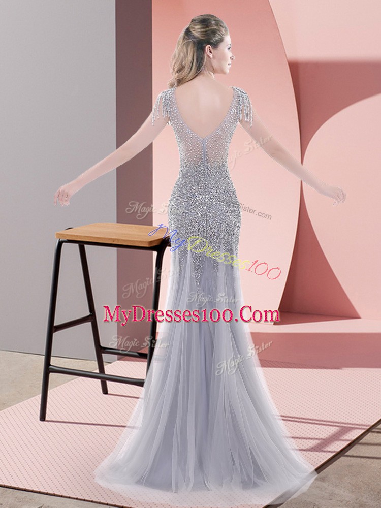 Luxury Grey Mermaid Beading Evening Dress Zipper Tulle Short Sleeves Floor Length