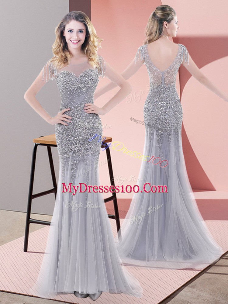 Luxury Grey Mermaid Beading Evening Dress Zipper Tulle Short Sleeves Floor Length
