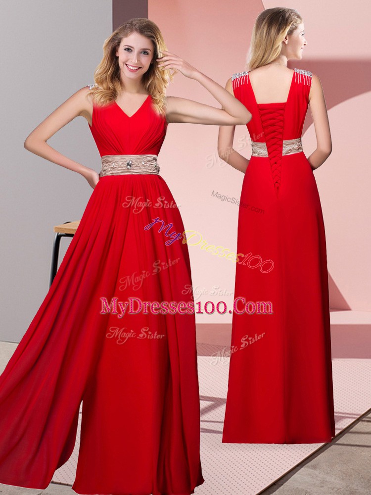 Exquisite Red Column/Sheath Beading Evening Dress Lace Up Chiffon Sleeveless Floor Length