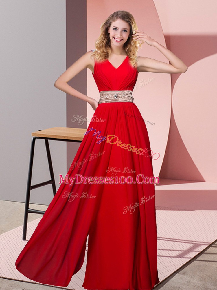 Exquisite Red Column/Sheath Beading Evening Dress Lace Up Chiffon Sleeveless Floor Length