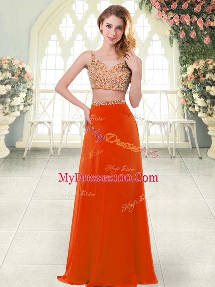 Hot Sale Floor Length Two Pieces Sleeveless Rust Red Prom Gown Zipper