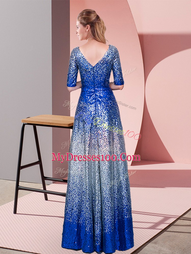 Custom Fit Royal Blue Empire V-neck Half Sleeves Sequined Floor Length Zipper Ruching Prom Gown