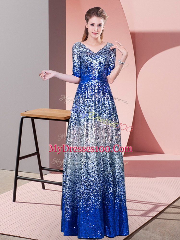 Custom Fit Royal Blue Empire V-neck Half Sleeves Sequined Floor Length Zipper Ruching Prom Gown