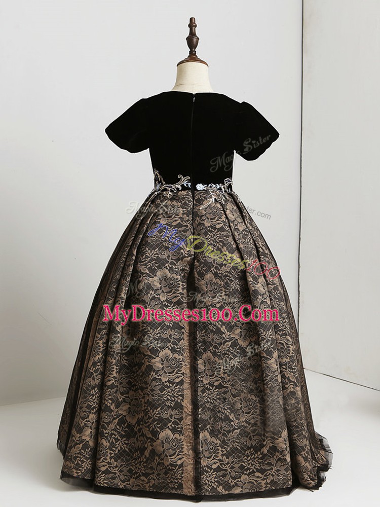 Black Zipper Scoop Appliques Pageant Gowns Lace Short Sleeves