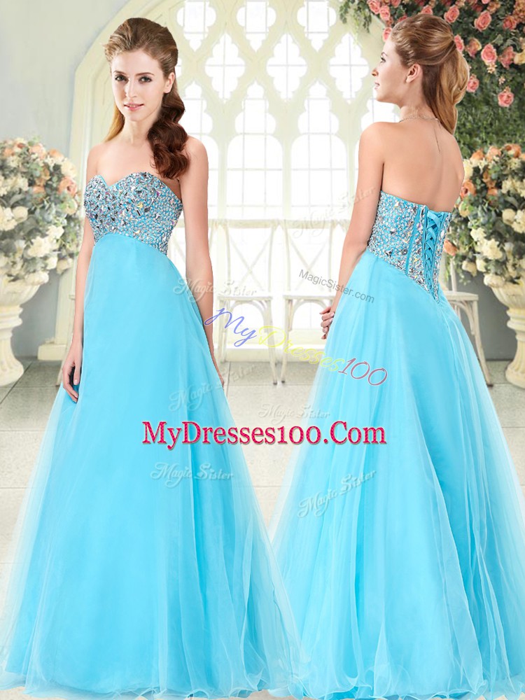 Aqua Blue Tulle Lace Up Sweetheart Sleeveless Floor Length Evening Party Dresses Beading