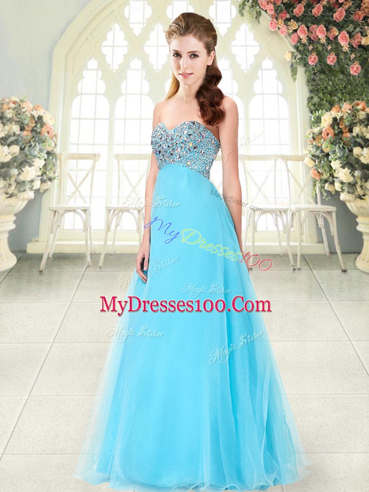 Aqua Blue Tulle Lace Up Sweetheart Sleeveless Floor Length Evening Party Dresses Beading