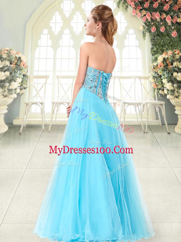 Aqua Blue Tulle Lace Up Sweetheart Sleeveless Floor Length Evening Party Dresses Beading