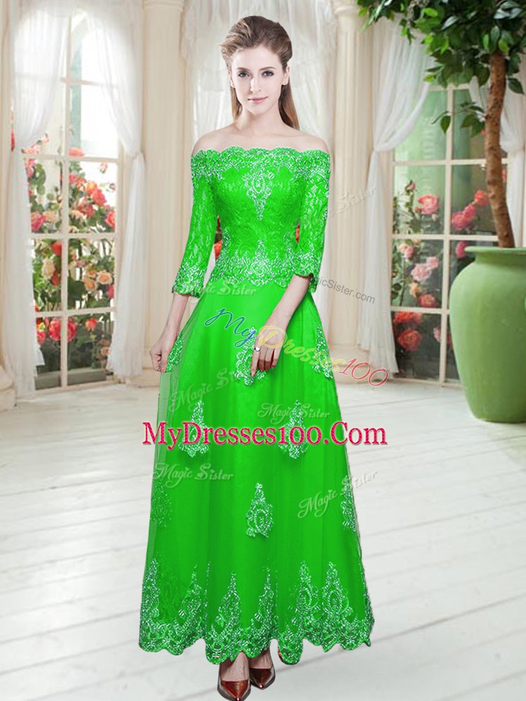 Green A-line Tulle Off The Shoulder 3 4 Length Sleeve Lace Floor Length Lace Up Evening Wear