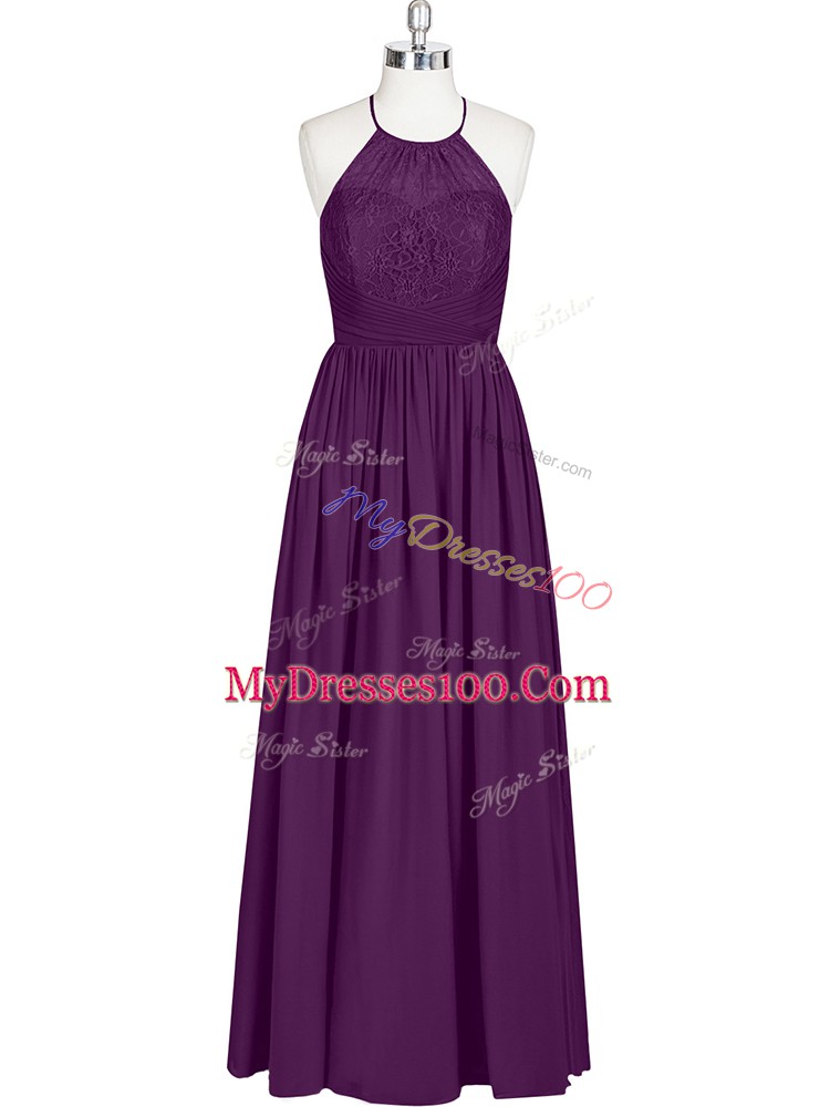 Floor Length Eggplant Purple Prom Gown Chiffon Sleeveless Lace