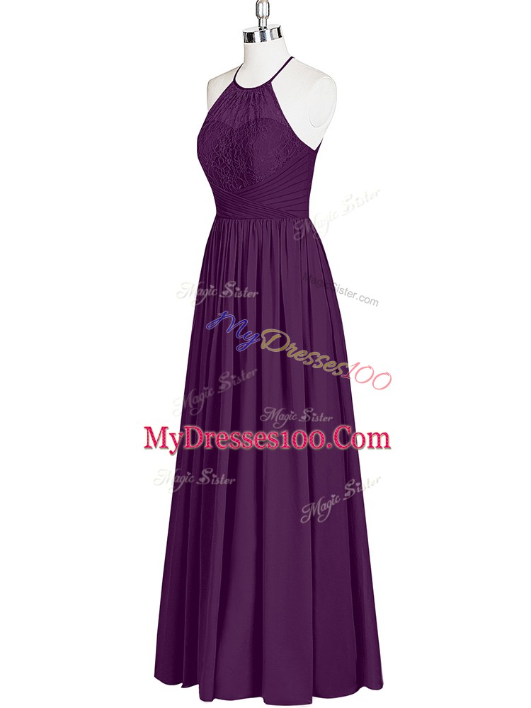 Floor Length Eggplant Purple Prom Gown Chiffon Sleeveless Lace