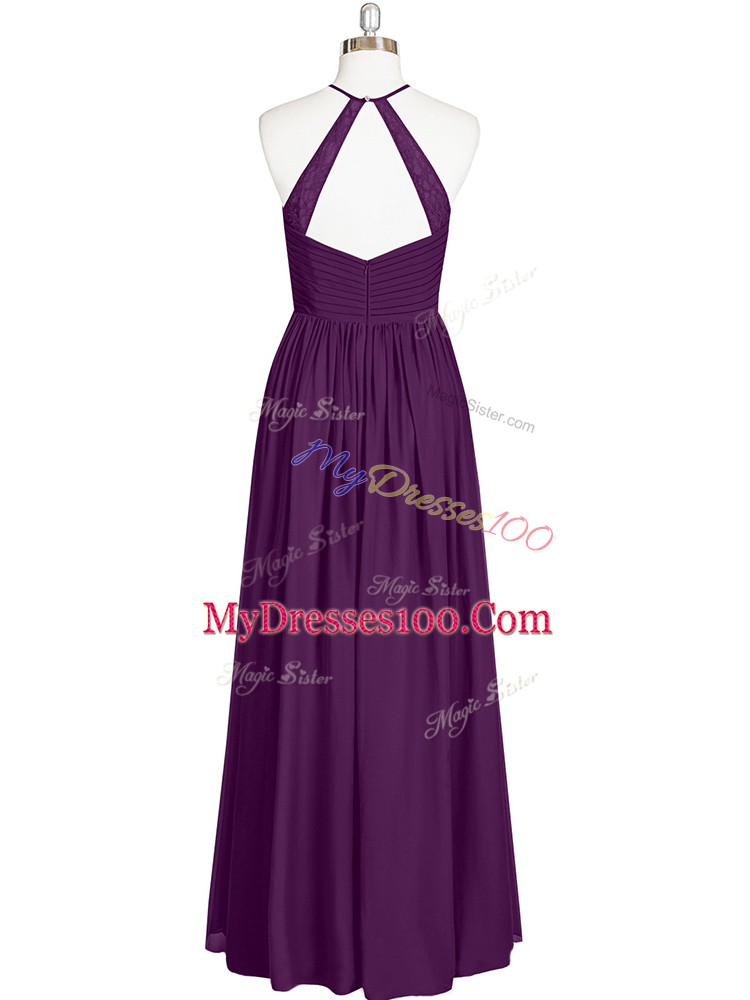 Floor Length Eggplant Purple Prom Gown Chiffon Sleeveless Lace