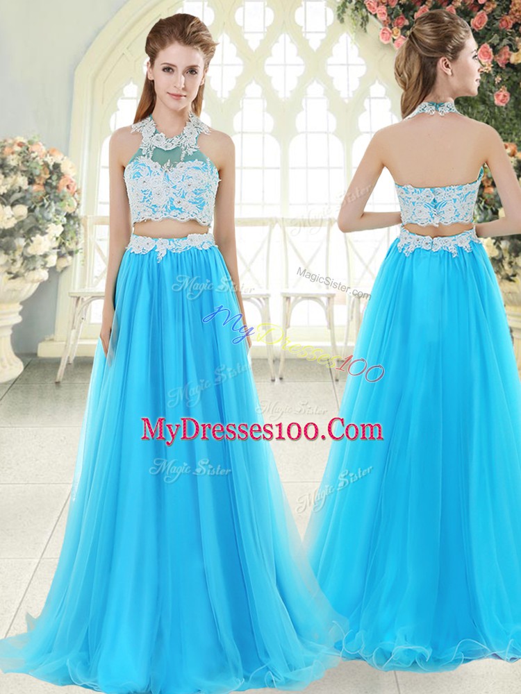 Popular Floor Length Zipper Evening Outfits Aqua Blue for Prom and Party with Lace