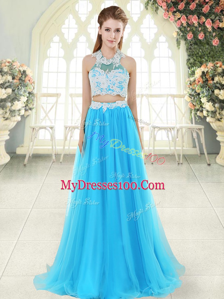 Popular Floor Length Zipper Evening Outfits Aqua Blue for Prom and Party with Lace