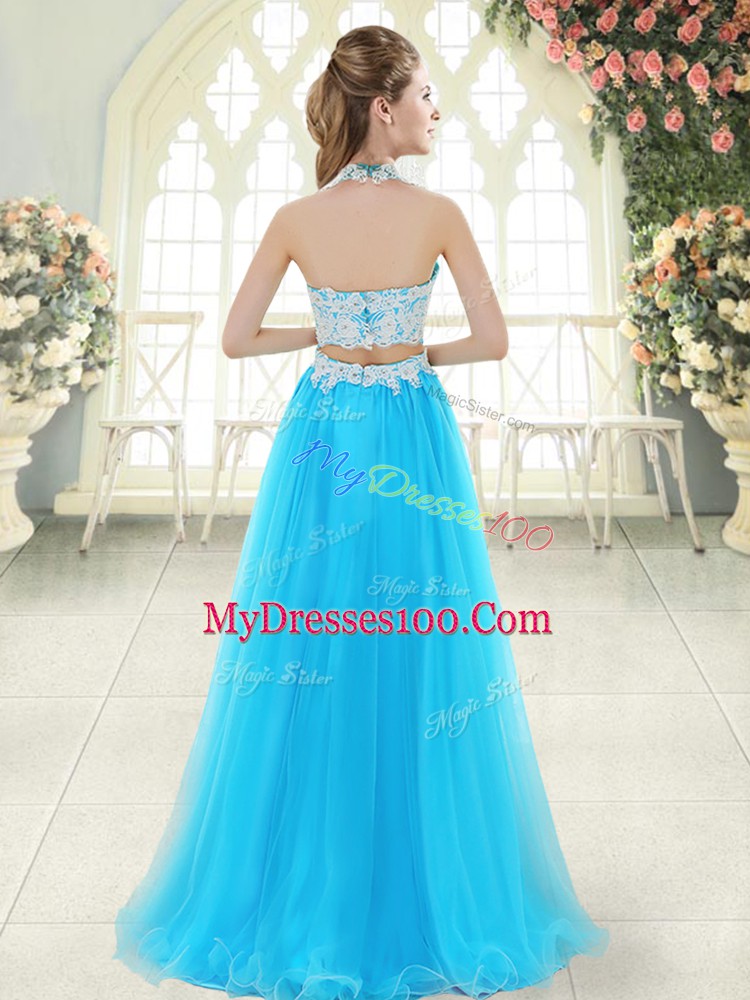 Popular Floor Length Zipper Evening Outfits Aqua Blue for Prom and Party with Lace