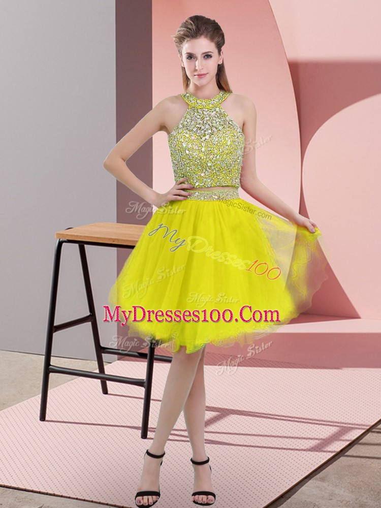 Classical Sleeveless Organza Knee Length Backless Evening Gowns in Yellow with Beading