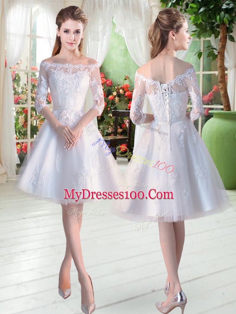 Super White Lace Up Prom Party Dress Lace and Appliques Half Sleeves Knee Length