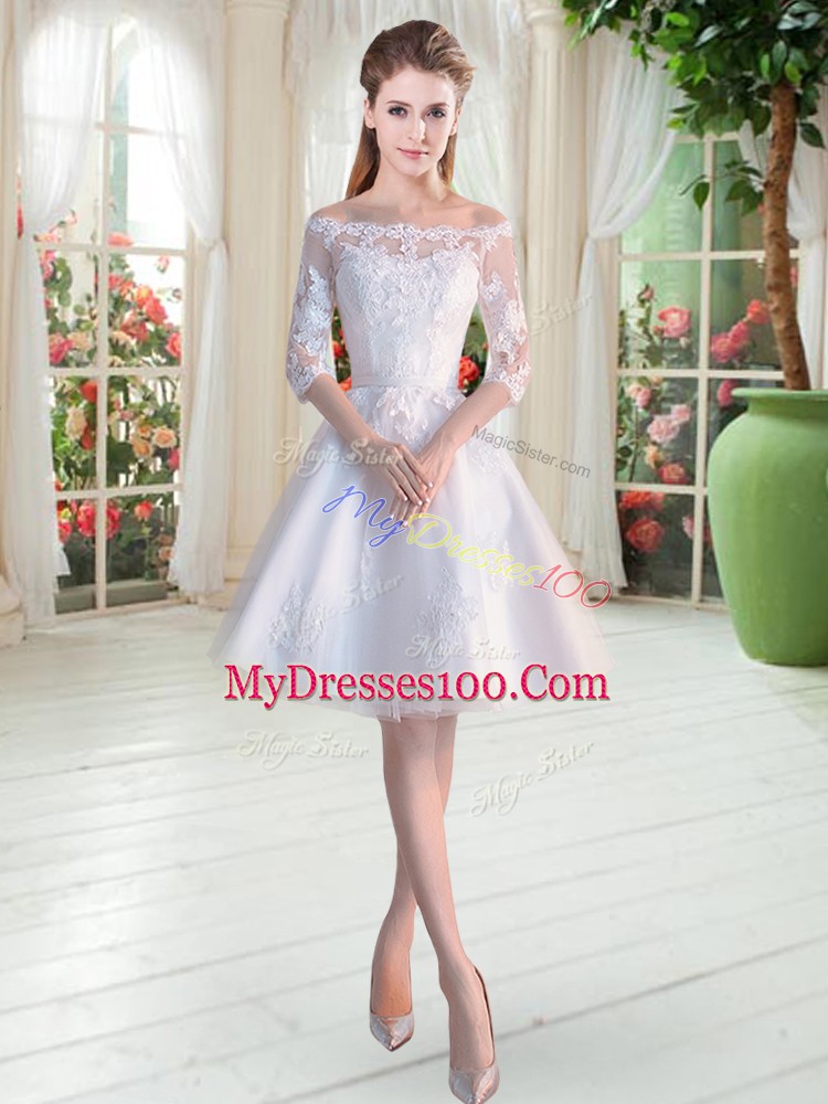Super White Lace Up Prom Party Dress Lace and Appliques Half Sleeves Knee Length