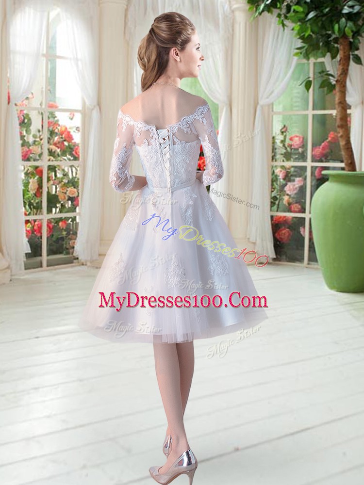 Super White Lace Up Prom Party Dress Lace and Appliques Half Sleeves Knee Length