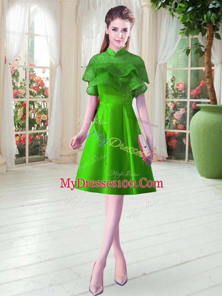 Stunning Green A-line Satin High-neck Cap Sleeves Ruffled Layers Knee Length Lace Up Prom Gown