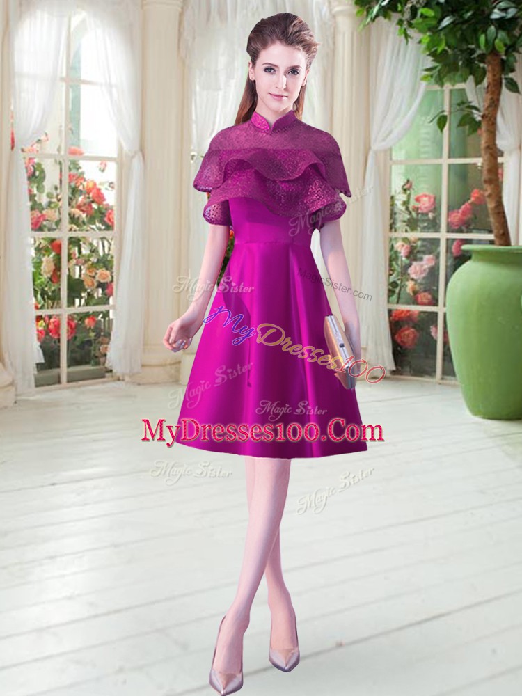 Fantastic Purple Cap Sleeves Beading Knee Length Evening Dress