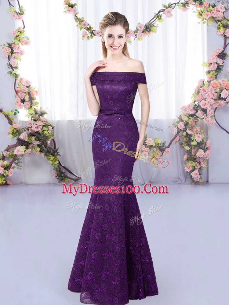 Off The Shoulder Sleeveless Lace Up Quinceanera Court of Honor Dress Purple