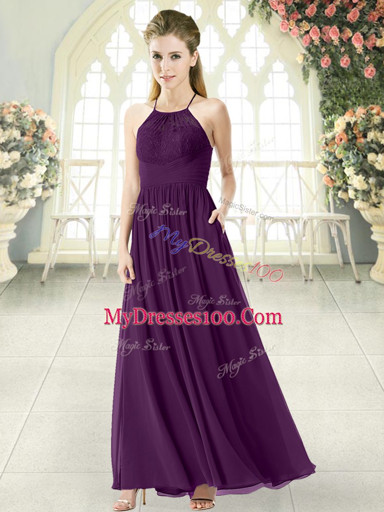 Purple Halter Top Neckline Lace Evening Dress Sleeveless Backless