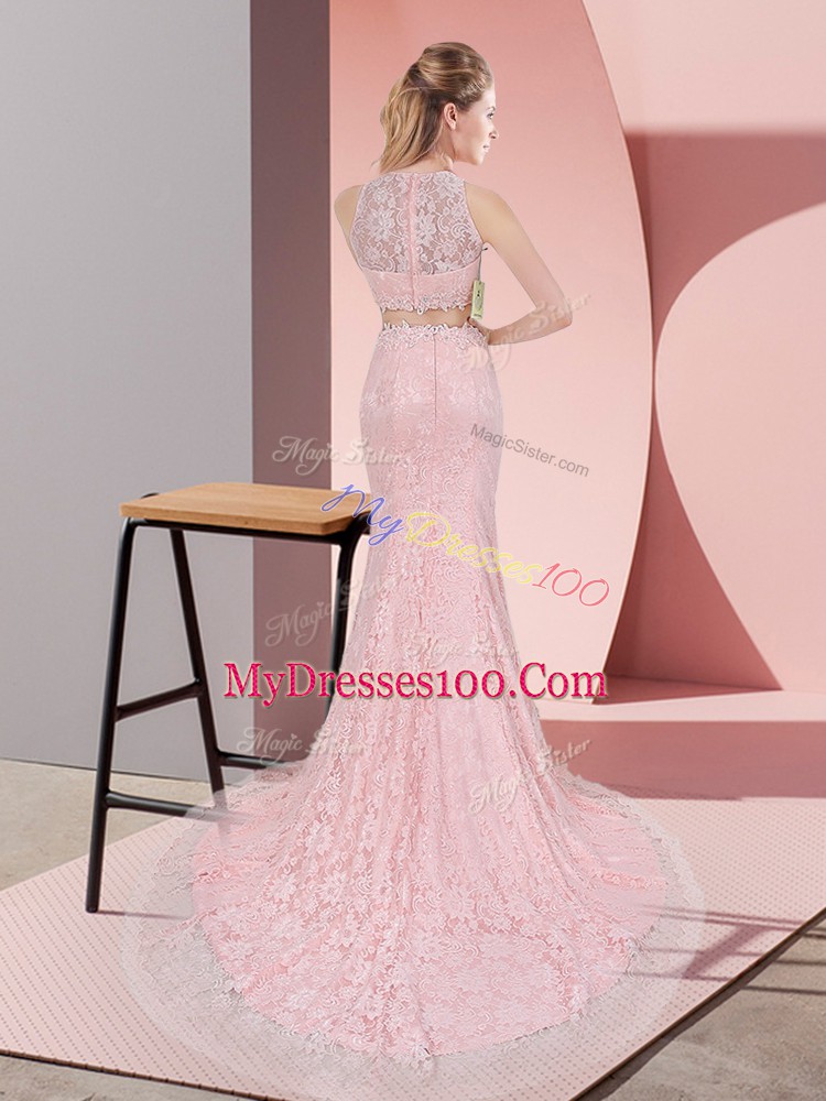 Court Train Two Pieces Prom Gown Pink High-neck Lace Sleeveless Zipper