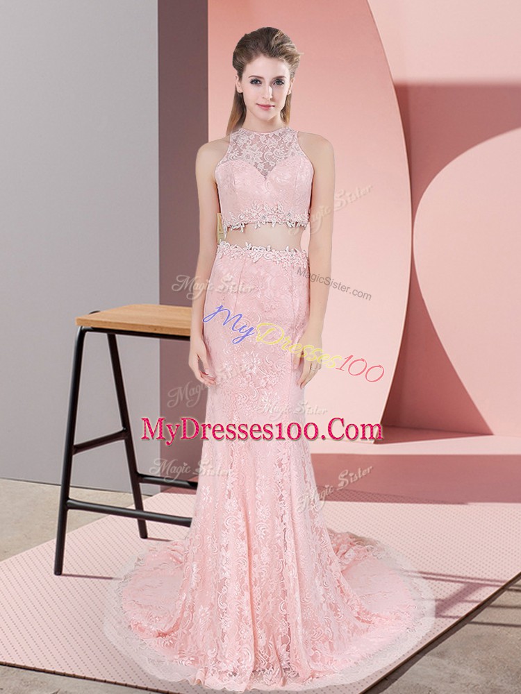 Court Train Two Pieces Prom Gown Pink High-neck Lace Sleeveless Zipper