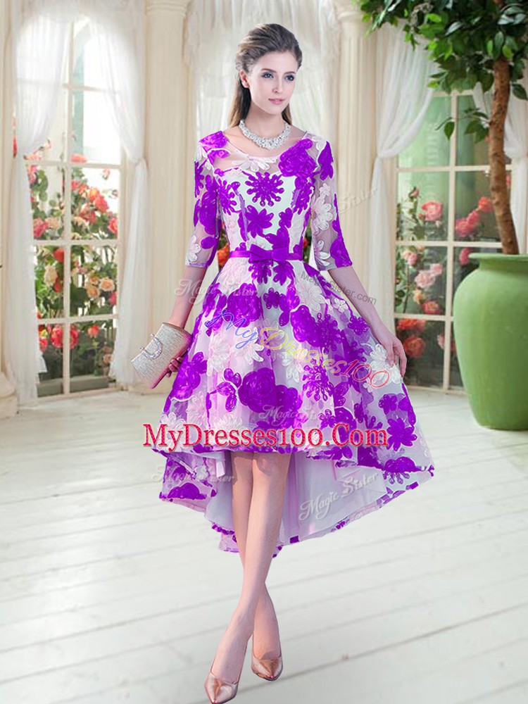 Attractive Scoop Half Sleeves Lace Up Prom Gown White And Purple Lace