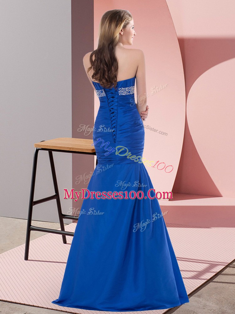 High End Blue Lace Up Sweetheart Beading and Ruching Prom Party Dress Satin Sleeveless