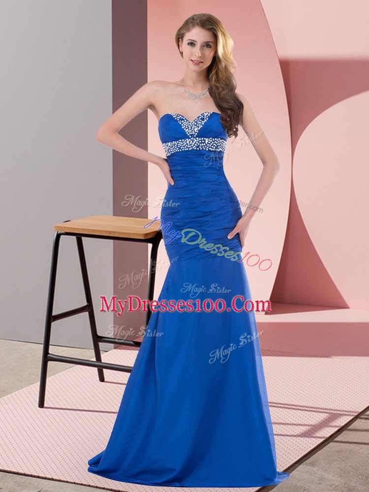 High End Blue Lace Up Sweetheart Beading and Ruching Prom Party Dress Satin Sleeveless