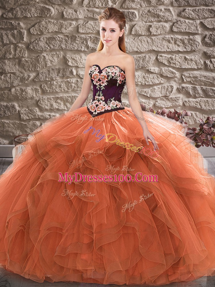 Custom Fit Orange Sleeveless Tulle Lace Up 15th Birthday Dress for Sweet 16 and Quinceanera
