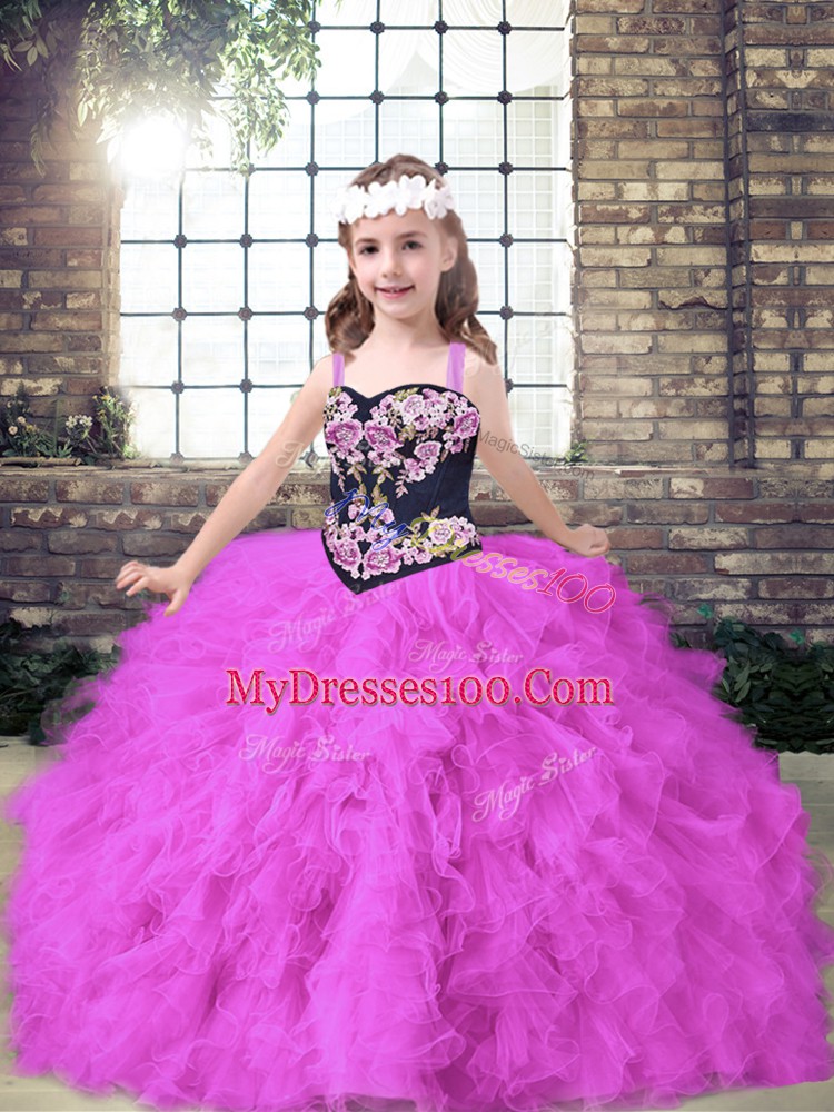 Straps Sleeveless Little Girl Pageant Gowns Floor Length Embroidery and Ruffles Fuchsia Tulle