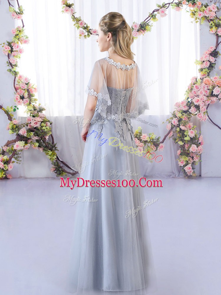 Grey Empire Sweetheart Sleeveless Tulle Floor Length Lace Up Lace Damas Dress