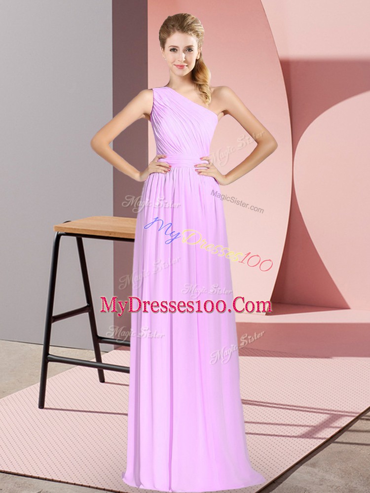 Glamorous Sleeveless Floor Length Ruching Lace Up Prom Dress with Lilac