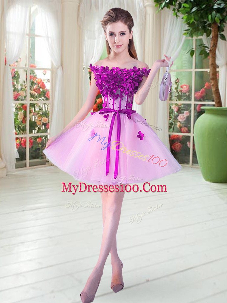 Sweet Mini Length Lace Up Dress for Prom Lilac for Prom and Party with Beading and Appliques