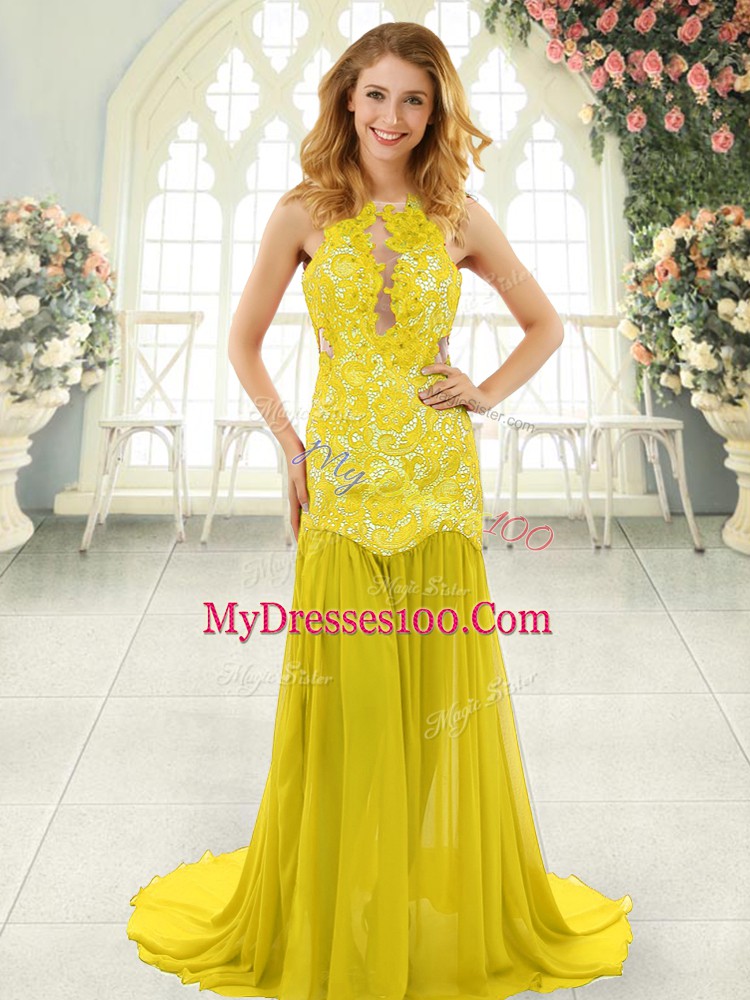 Scoop Sleeveless Homecoming Dress Brush Train Lace Yellow Chiffon