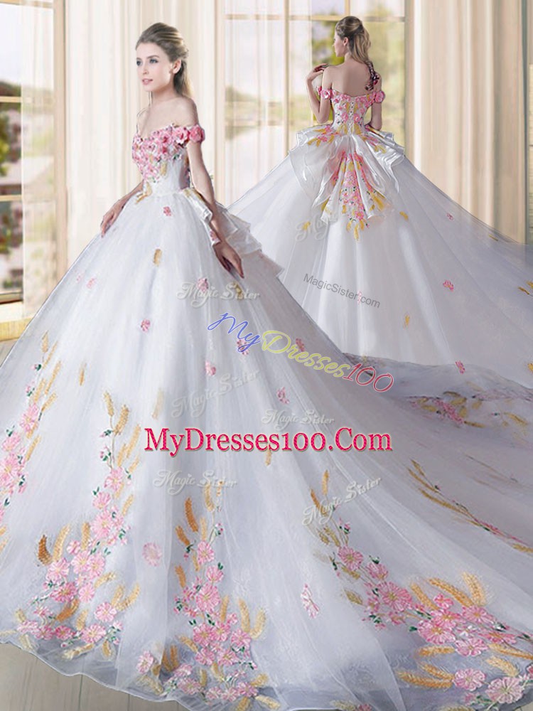 Enchanting Off The Shoulder Sleeveless Tulle 15 Quinceanera Dress Appliques Cathedral Train Lace Up