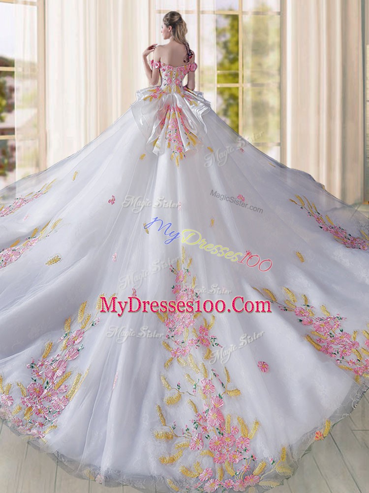 Enchanting Off The Shoulder Sleeveless Tulle 15 Quinceanera Dress Appliques Cathedral Train Lace Up