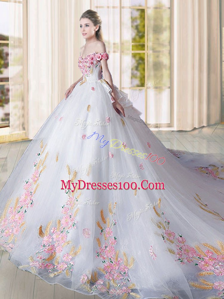 Enchanting Off The Shoulder Sleeveless Tulle 15 Quinceanera Dress Appliques Cathedral Train Lace Up