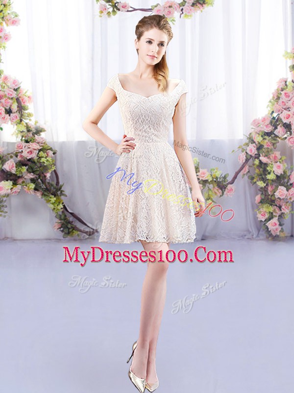 Cheap Champagne Wedding Guest Dresses Prom and Party and Wedding Party with Lace Off The Shoulder Cap Sleeves Lace Up