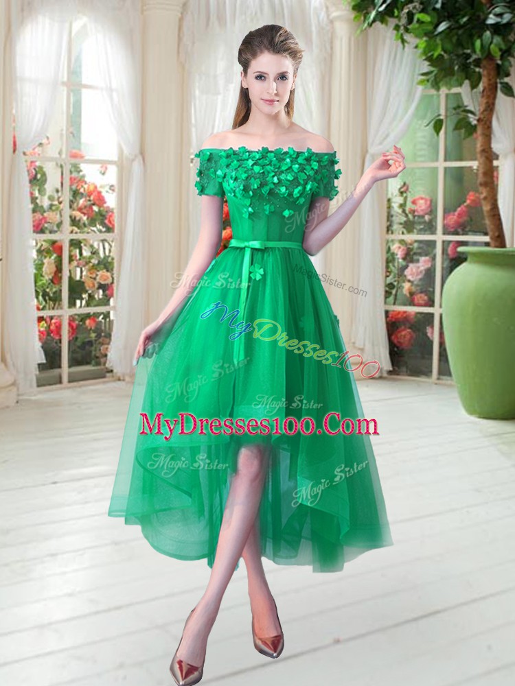 Green Evening Dress Prom and Party with Appliques Off The Shoulder Short Sleeves Lace Up