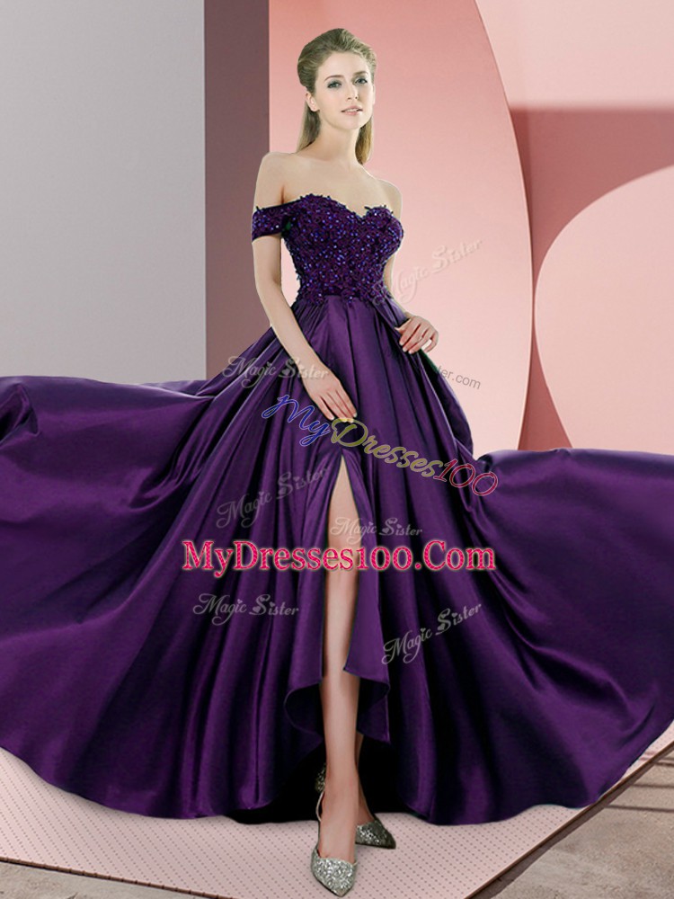 Shining Sweep Train Empire Prom Gown Purple Off The Shoulder Elastic Woven Satin Sleeveless Backless